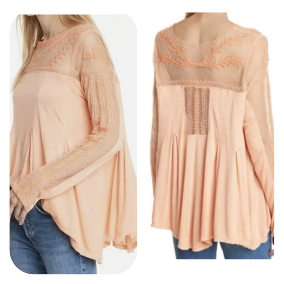 Free People Tops - Free People Jojo Embroidered Mixed Media Long Sleeve Top Coral Size Small